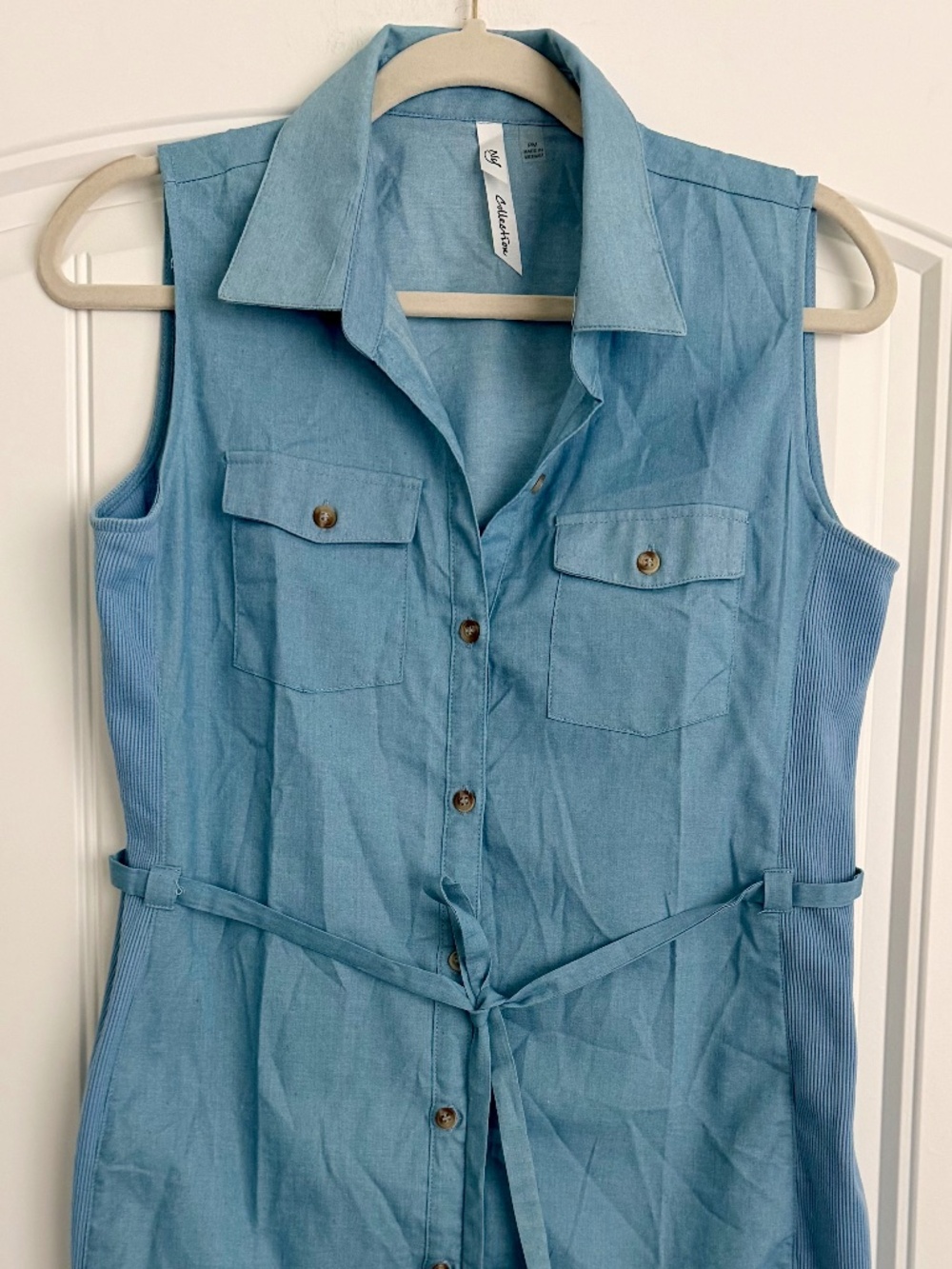 NY Collection Women's Petite Cotton Sleeveless Shirt Dress Blue Chambray Size PM